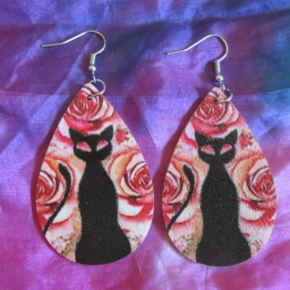 Faux Leather Tear Drop Cat with Pink Roses Earrings 7 cm 3" (F19)